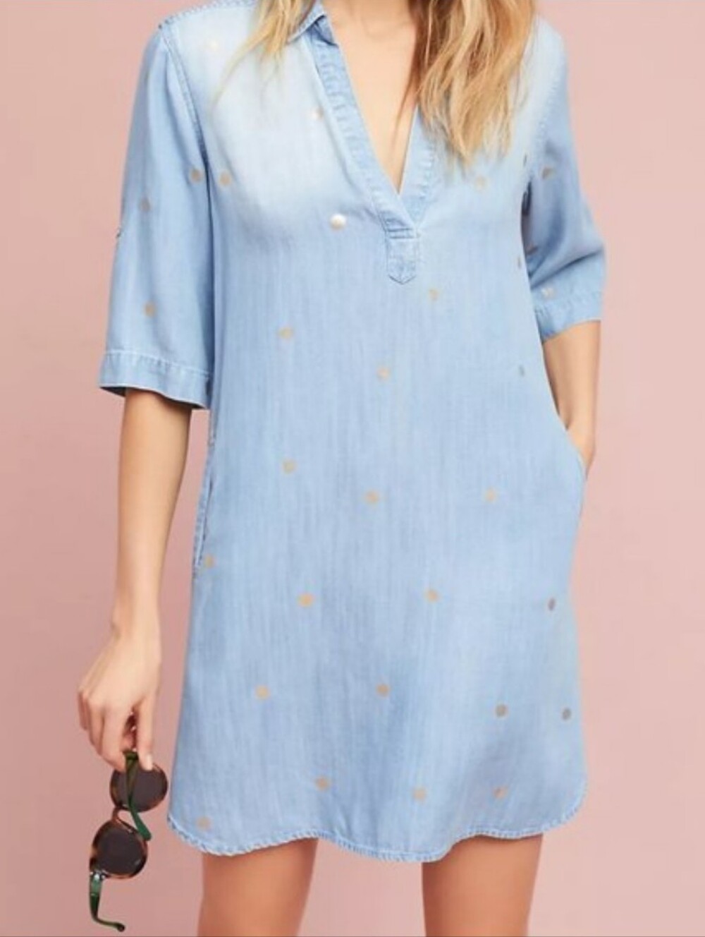 Anthropologie Cloth & Stone Gold Polka Dot Chambray Denim Midi Shift Dress Sz M